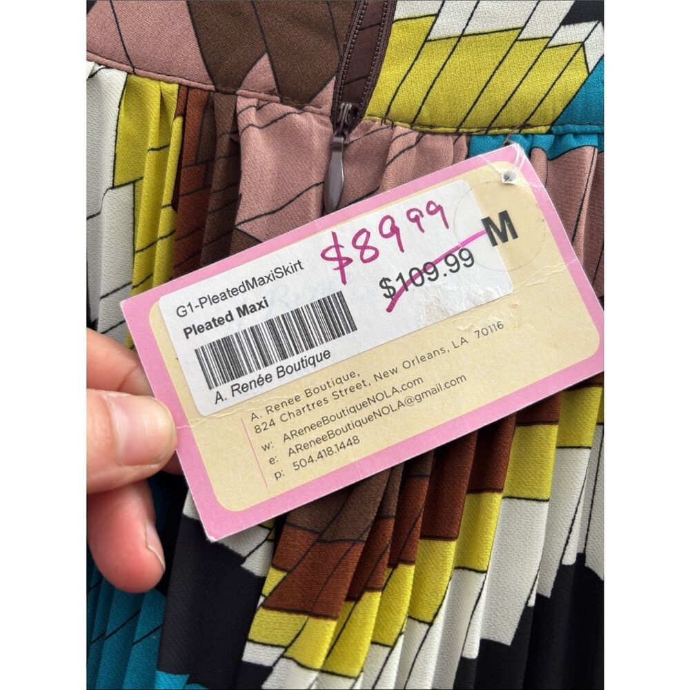 ✨NWT✨ Pleated Geometric Abstract Print Maxi Skirt Blue Pink Brown Size Medium - Picture 3 of 6
